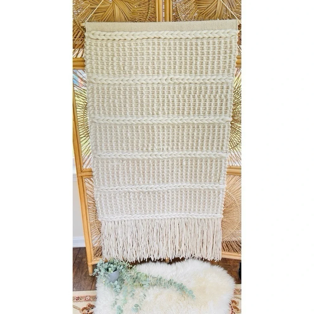 XL Cream Off White Wool and Cotton Woven Tapestry Wall Hanging Boho Neutral Deco